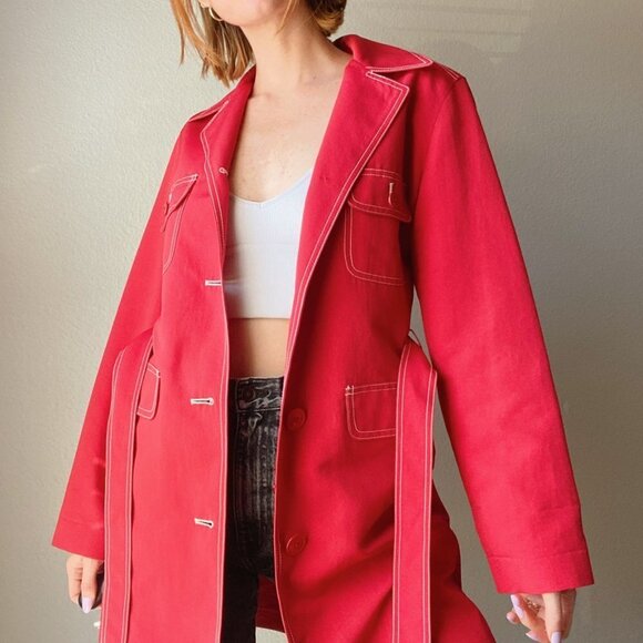 J. Crew Red Cotton White Outstitch Trim Belted Long Trench Coat Jacket - Picture 2 of 9